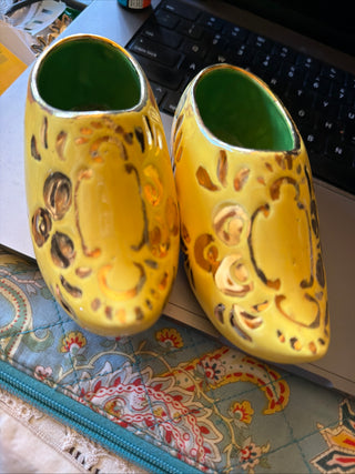 Vintage Pair of Bright Yellow Ceramic Dutch shoe approx. 5"  VV