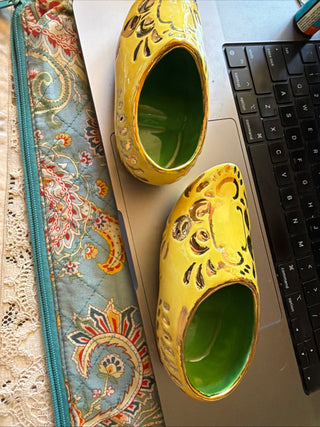 Vintage Pair of Bright Yellow Ceramic Dutch shoe approx. 5"  VV
