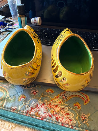 Vintage Pair of Bright Yellow Ceramic Dutch shoe approx. 5"  VV