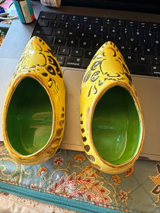 Vintage Pair of Bright Yellow Ceramic Dutch shoe approx. 5"  VV