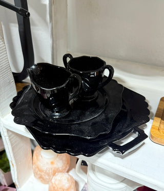 Black Amethyst Glass Cream and Sugar + Plate (Set 3)