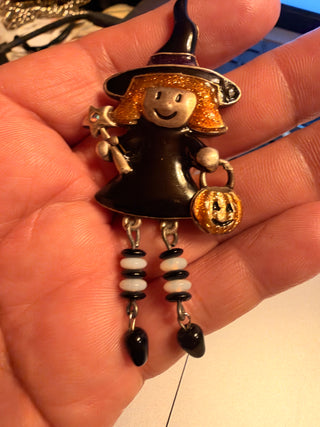Vintage Witch with Dangling Rhinestone and enamel Pin /brooch