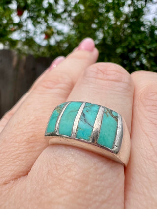 Chunky Vintage Turquoise Inlay Ring Sz 7
