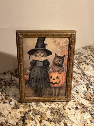Vintage Gold Frame w/Leaf Design, Witch w/ Cat