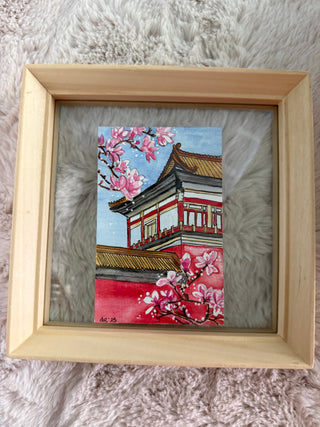 Original Watercolor Japan with Windowpane frame