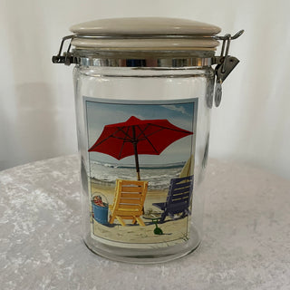 oval glass cannister, beach chairs