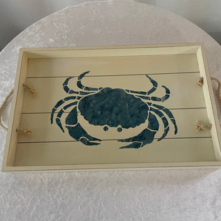 white wood tray w/ blue crab