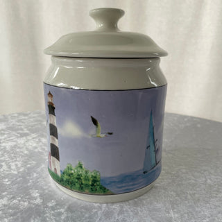 ceramic canister, sailboats & lighthouses