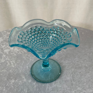 blue glass pedestal candy dish