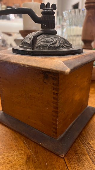 Vintage Wood & Cast Iron Coffee Mill Hand Crank-Grinder