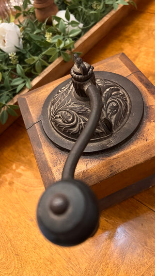 Vintage Wood & Cast Iron Coffee Mill Hand Crank-Grinder