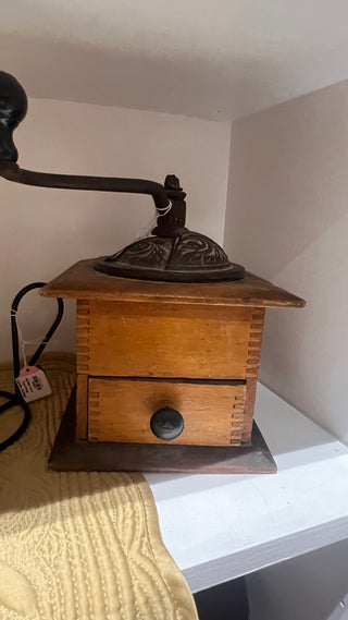 Vintage Wood & Cast Iron Coffee Mill Hand Crank-Grinder