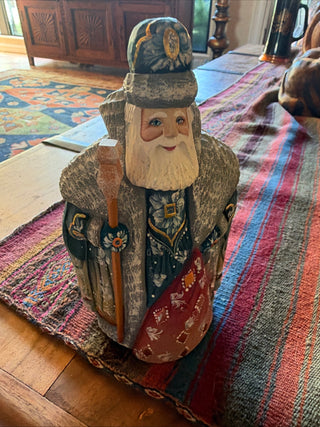 Hand crafted Santa multicolored with green coat signed