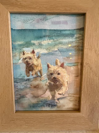 Original mixed media Terriers on the beach  with frame