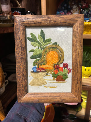 Framed  Crewel - Rattan Chair/Floral