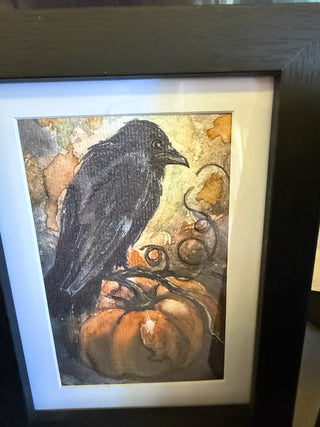 , Crow pumpkin watercolor/mixed media  framed
