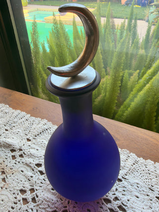 Cobalt frosted Blue Decantar with Silver Tone Metal Crescent Moon Stopper