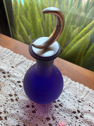 Cobalt frosted Blue Decantar with Silver Tone Metal Crescent Moon Stopper