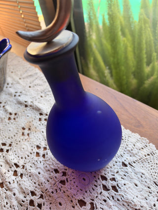 Cobalt frosted Blue Decantar with Silver Tone Metal Crescent Moon Stopper