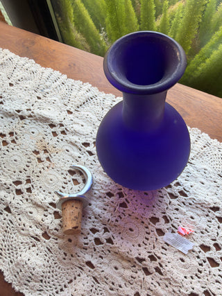 Cobalt frosted Blue Decantar with Silver Tone Metal Crescent Moon Stopper