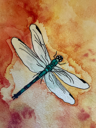 Original Watercolor dragonfly on fire