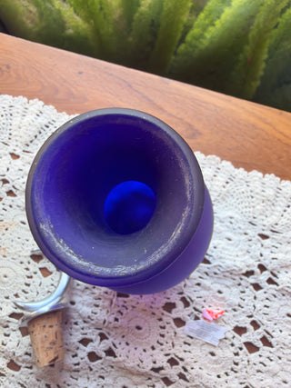 Cobalt frosted Blue Decantar with Silver Tone Metal Crescent Moon Stopper