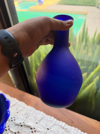 Cobalt frosted Blue Decantar with Silver Tone Metal Crescent Moon Stopper