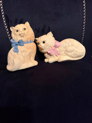 Vintage Homco Plastic Cats Pink and Blue Bow Wall Decor VV