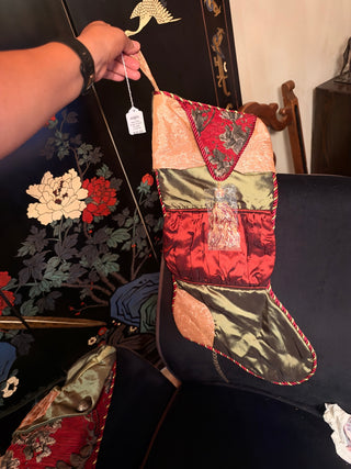 Red, Olive Green & Gold Brocade Christmas Stocking with Tassel