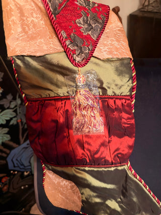 Red, Olive Green & Gold Brocade Christmas Stocking with Tassel