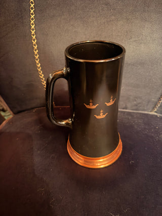 Black and Copper Colored Heavy Tall Beer Stein Glass Mug Lion VIP Three CrownsTall Black & Copper-Tone Beer Stein Glass Mug – Lion, VIP & Three Crowns