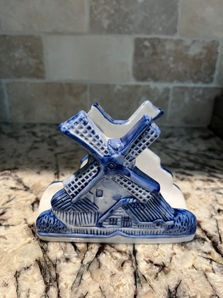 Vintage Delft Blue Dutch Windmill Napkin Holder Porcelain