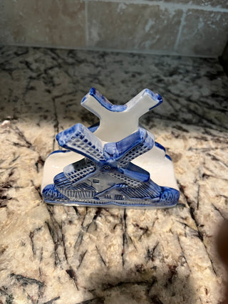 Vintage Delft Blue Dutch Windmill Napkin Holder Porcelain