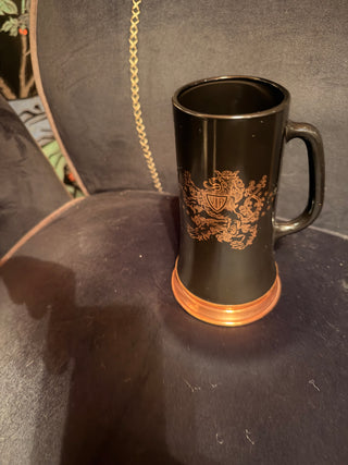 Black and Copper Colored Heavy Tall Beer Stein Glass Mug Lion VIP Three CrownsTall Black & Copper-Tone Beer Stein Glass Mug – Lion, VIP & Three Crowns