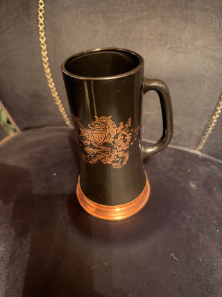 Black and Copper Colored Heavy Tall Beer Stein Glass Mug Lion VIP Three CrownsTall Black & Copper-Tone Beer Stein Glass Mug – Lion, VIP & Three Crowns