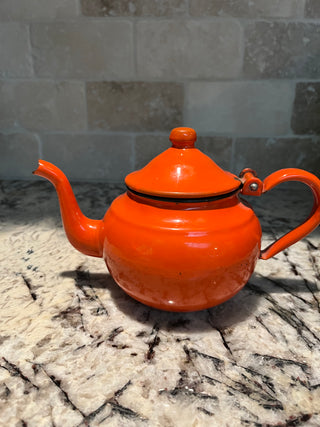 Vintage Mid Century MCM Orange Enamel Teapot