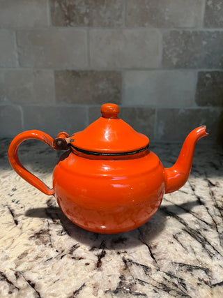 Vintage Mid Century MCM Orange Enamel Teapot