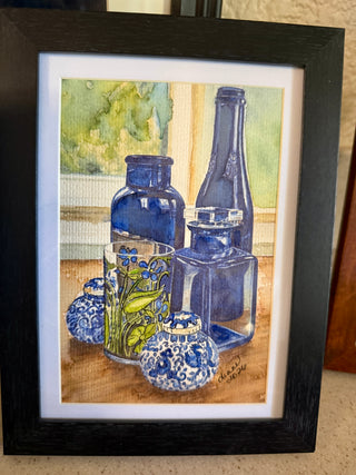 Original blue bottles watercolor framed