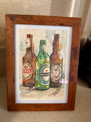 Original watercolor 3 Beer bottles framed