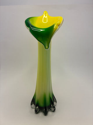 Murano-Style Green & Yellow Cased Art Glass Calla Lily Vase