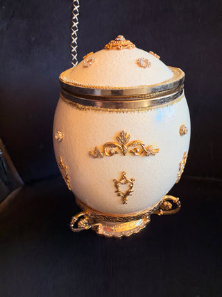 Vintage Ostrich Egg Jewelry Box with Ornate Gold-Tone Accents & Pedestal Stand