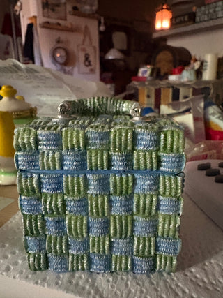 Fake Decorative Box Woven Texture w/Jewel Accents. Handle & Clasp