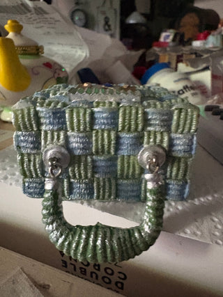Fake Decorative Box Woven Texture w/Jewel Accents. Handle & Clasp