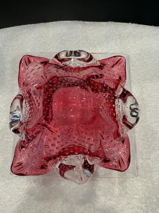 MURANO PINK AND CLEAR BUBBLED ASH TRAY VINTAGE