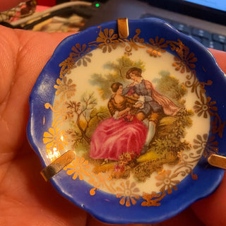 Limoges France Miniature Wall Plate With Blue Rim and Fragonard Motif