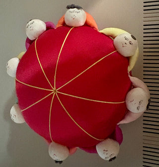 PINCUSHION Vibrant Red with small hand painted kokeshi dolls around the perimeter