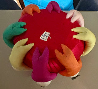PINCUSHION Vibrant Red with small hand painted kokeshi dolls around the perimeter