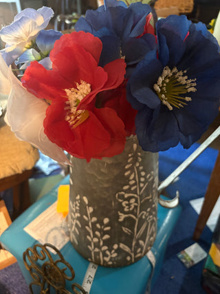 Vintage, Galvanized metal flat-backed "pitcher" R,W,B Flowers incl. White Hand painted floral design
