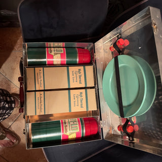 Vintage Thermos Grey Metal Picnic Basket w/plates cups and Hy-Lo Alladin Industries thermos