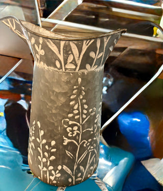 Vintage, Galvanized metal flat-backed "pitcher" R,W,B Flowers incl. White Hand painted floral design